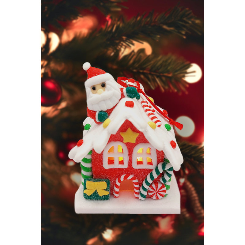 Ornement de Noël - Maison de neige en pain d'épice avec père Noël.  Décoration festive F07-N2-18-GE403A