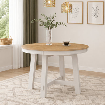 Farmhouse Round Extendable Dining Table with 16" Leaf Wood Kitchen Table