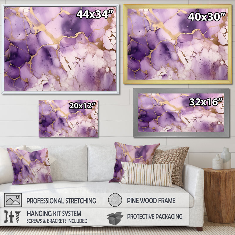 «Mauve et or», encre de marbre, art mural - Fractales, Cadre flottant doré, H 34 po x l 44 po x P 1,5 po