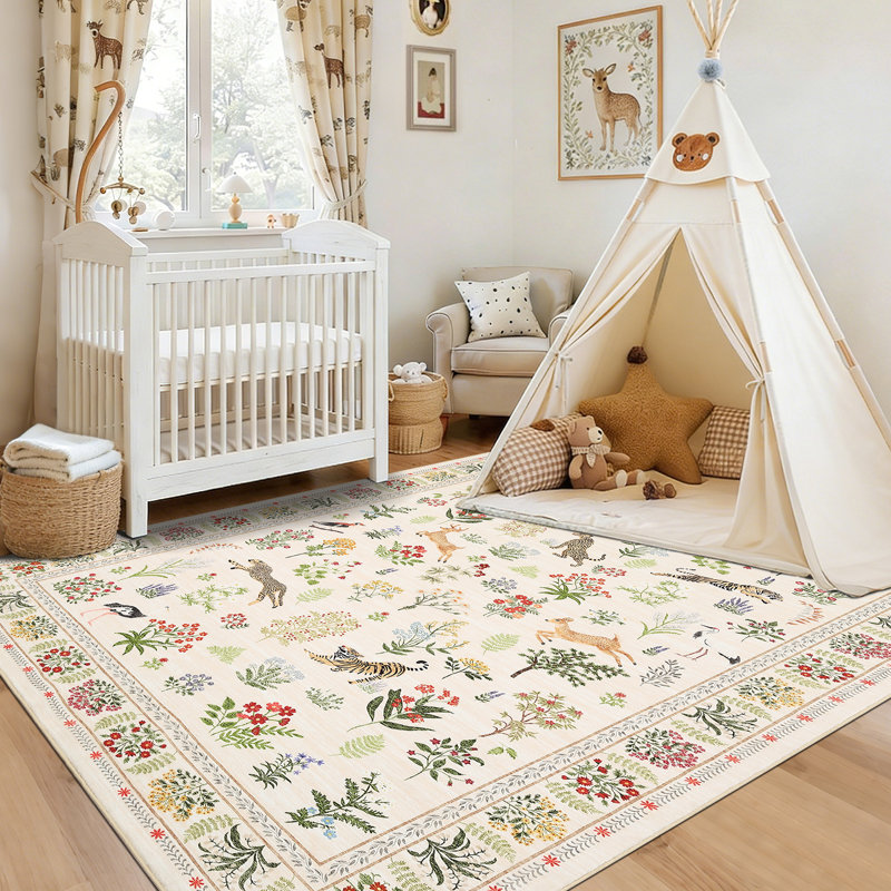 Machine Washable Area Rug for Living Room Vintage Animal Print Rug Floral Non Slip Carpet Foldable ursery Laundry Room Rugs