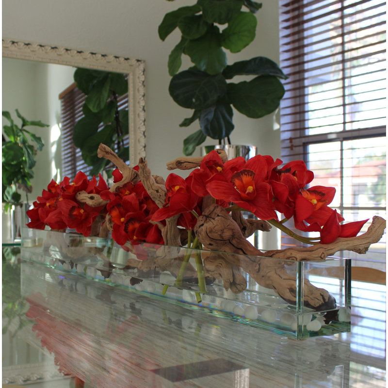 Driftwood Cymbidium Orchids Centerpiece in Glass Planter, 16" H x 48" W x 4" D, Red