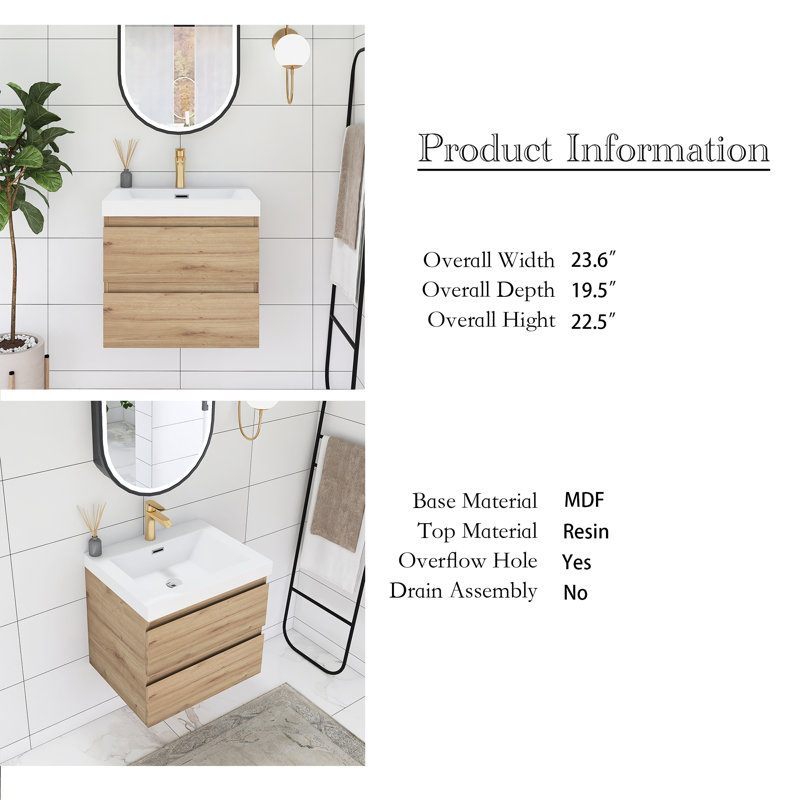 Aikin 24'' Single Sink Wall Mounted Bathroom Vanity with Cultured Marble Top, Oak