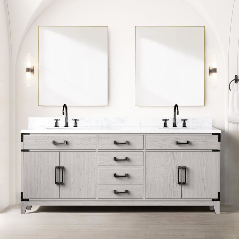 80 po W Double meuble-lavabo en chêne blanc, concept à fermeture douce, entièrement assemblé, deux armoires intérieures, quatre tiroirs et une tablette de rangement, fabrication en bois massif dans une unité construite, tablette de rangement,