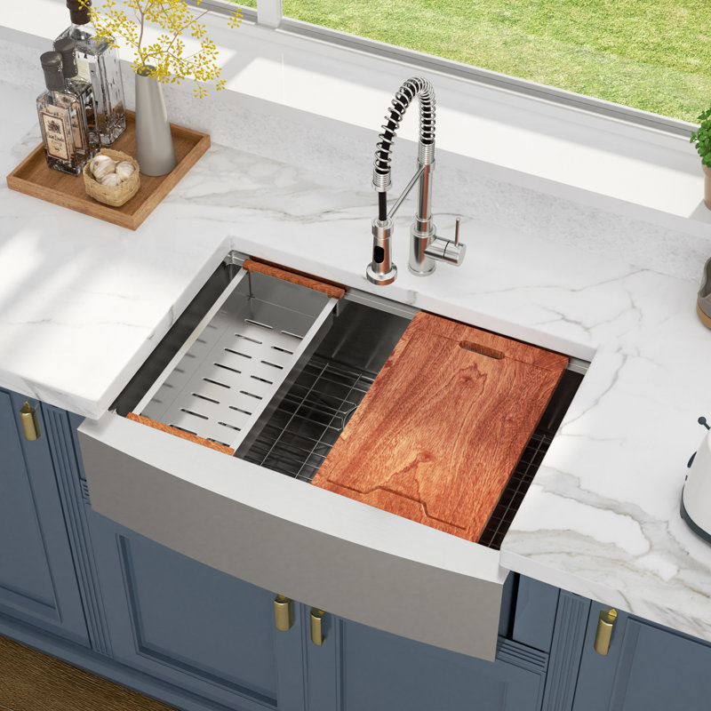 33 Inch Farmhouse/Apron Front Stainless Steel Kitchen Sink Ledge Workstation Single Bowl Farm Sink
