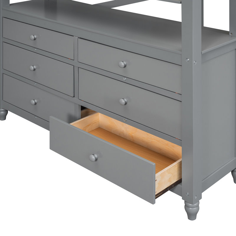 Full Size Loft Bed With Drawers And Desk, Wooden Loft Bed With Shelves , Gray, Full