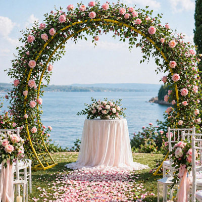 Extra Large Metal Arch Backdrop Stand, 8ft Wide X 7ft High Gold Wedding Arch Frame With Base For Events And Garden Trellis
