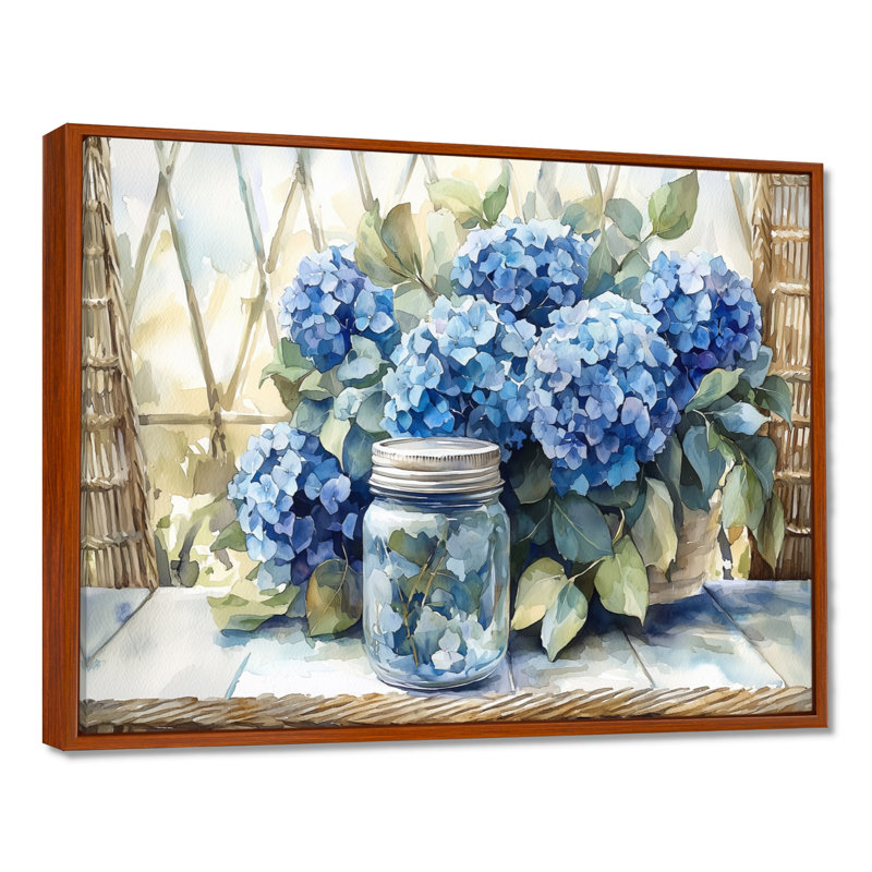 Doris hortensias et eucalyptus II - hydrangées, art mural, H 30 po x l 40 po, Brun, Floater Framed