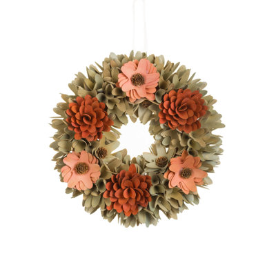 Floral Orange Wooden Wreath Accent