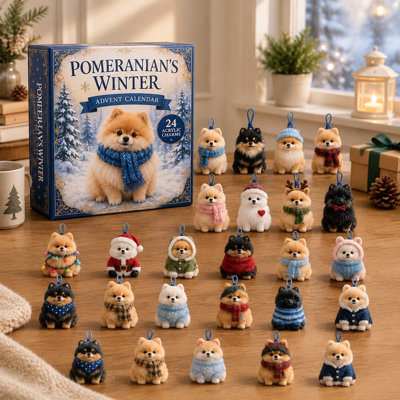 Pomeranian Winter Advent Calendar – Christmas Countdown with Cute Dog Hanging Ornaments, Holiday Collectible Decor Set (Brown)