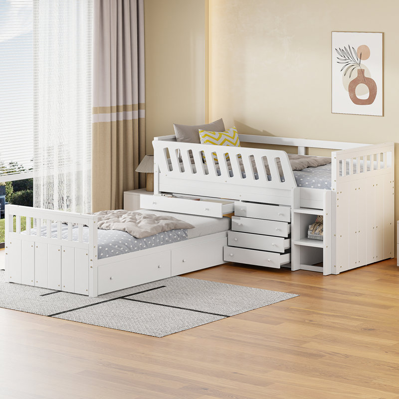L-Shaped  Space-Saving Twin Loft And  Twin  Platform Bed With 7 Drawers And Full Guardrails(WHITE)