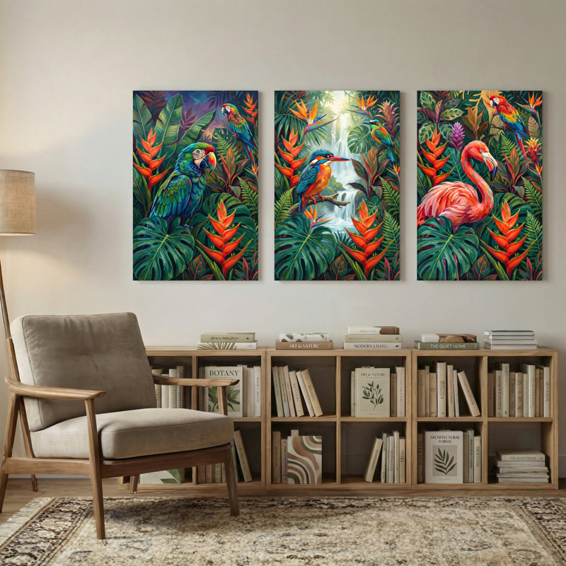 Animaux, oiseaux tropicaux et plantes de la jungle luxuriante, ensemble de 3 impressions sur toile, H 18 po x l 36 po