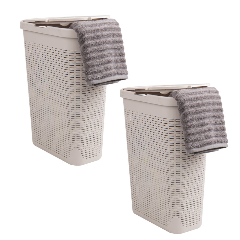 Slim Laundry Hamper, 40 Liter Capacity, Hinged Lid, 2 Pack, 18"D x 10.4"W x 23.5"H, Ivory