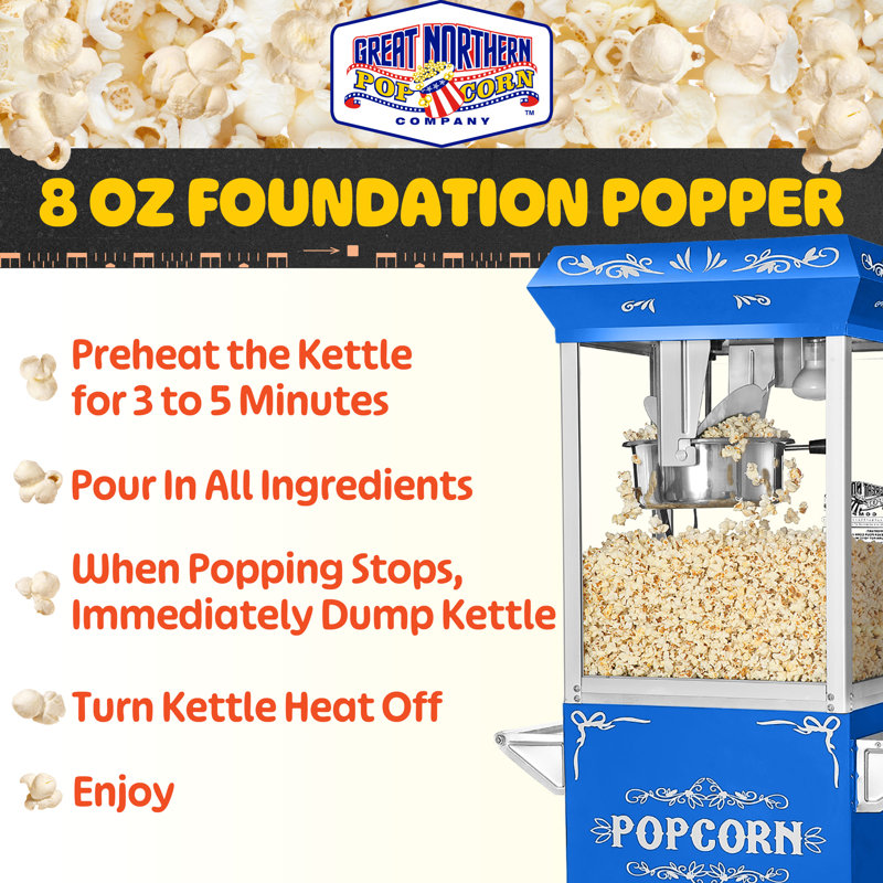 Machine à maïs soufflé Foundation avec chariot - Bouilloire en acier inoxydable de 8 oz pouvant contenir jusqu'à 48 tasses, avec lumière chauffante et accessoires - Chariot à popcorn rétro sur roulettes par Great Northern Popcorn