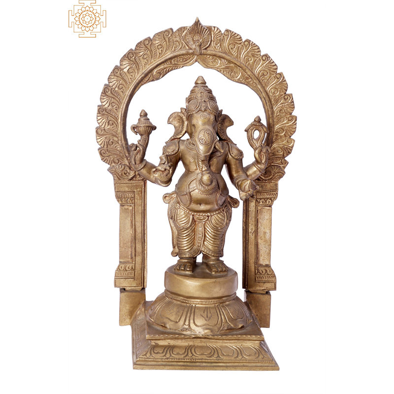 13" Standing Bhagawan Ganesha with Arch – Handmade Panchaloha Bronze Statue, Madhuchista Vidhana Lost-Wax Casting from Swamimalai, Traditional Indian Spiritual Décor