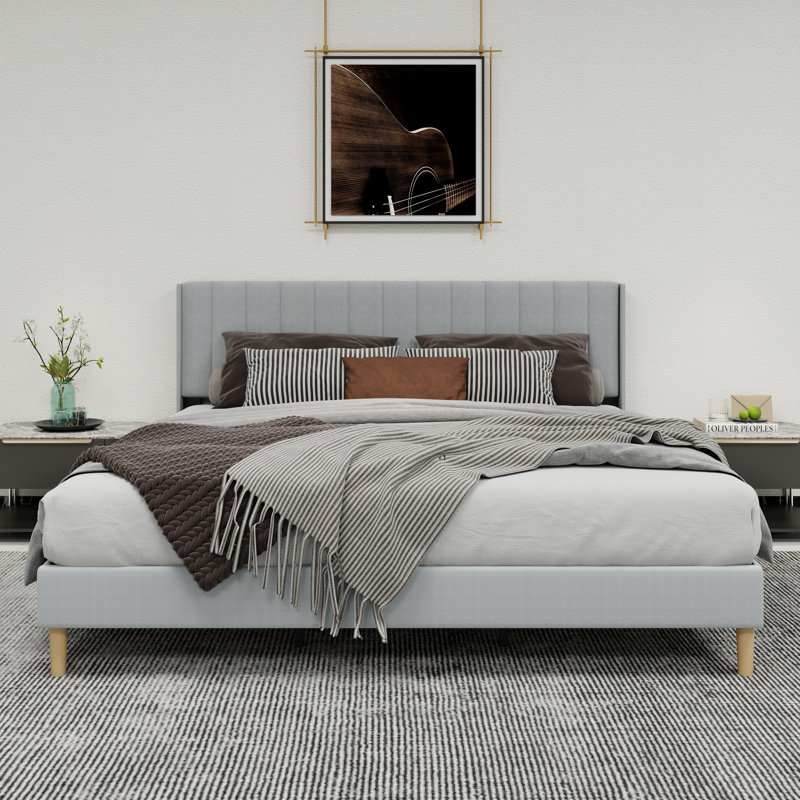 Upholstered Platform Bed With Headboard, Light Grey, King