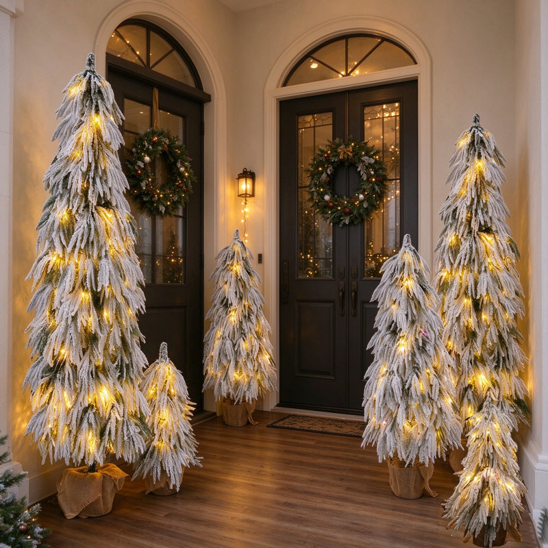 Ensemble de 6 sapins de Noël artificiels pré-illuminés et floqués – Sapins crayon artificiels de 90 cm / 135 cm / 180 cm avec 235 lumières DEL blanc chaud et multicolores, 11 modes d'éclairage et base en pot rustique en toile de jute – Décoration de Noël peu encombrante pour le salon, l'entrée et le porche