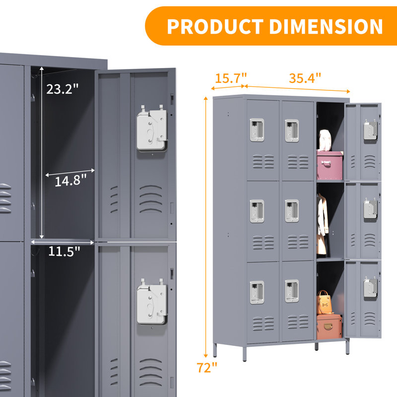 Casier 72 po en métal pour employés - Casier de rangement en acier gris 9 portes pour le bureau, l'école et la salle de sport
