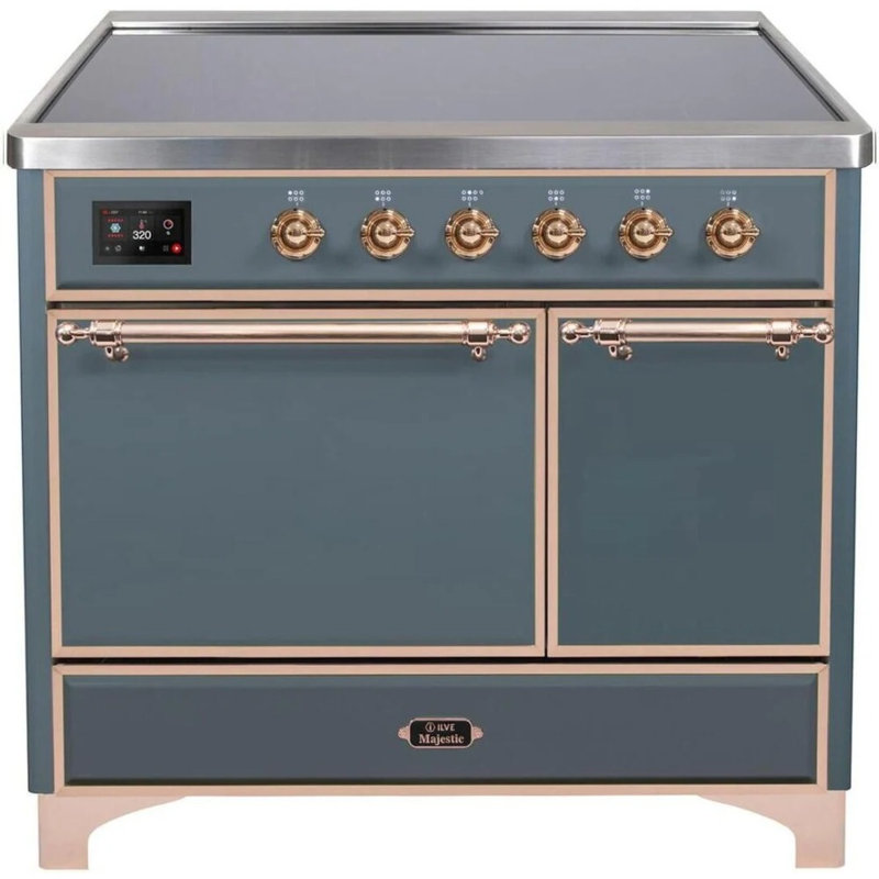 Cuisinière à induction 40 pouces avec 6 éléments à induction ILVE Majestic II Series (porte en verre), Gris-bleu / cuivre