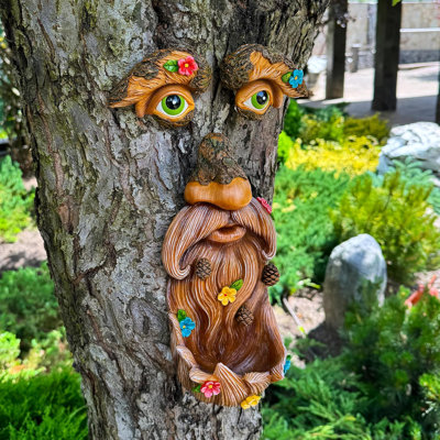 Tree Face Decor - Outdoor Bird Feeder - Old Man Face Decoration With Flowers - Tree Garden Hugger - Yard Art Statues