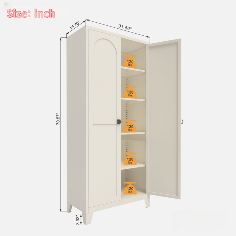 Multifunctional Metal Pantry With 2 Shapely Doors, Lock, 4 Adjustable Shelves