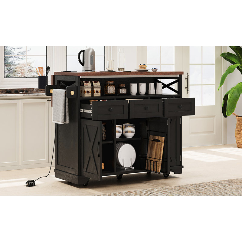 Îlot de cuisine avec prise de courant, chariot de cuisine roulant avec abattant et 3 tiroirs pour la cuisine et la salle à manger