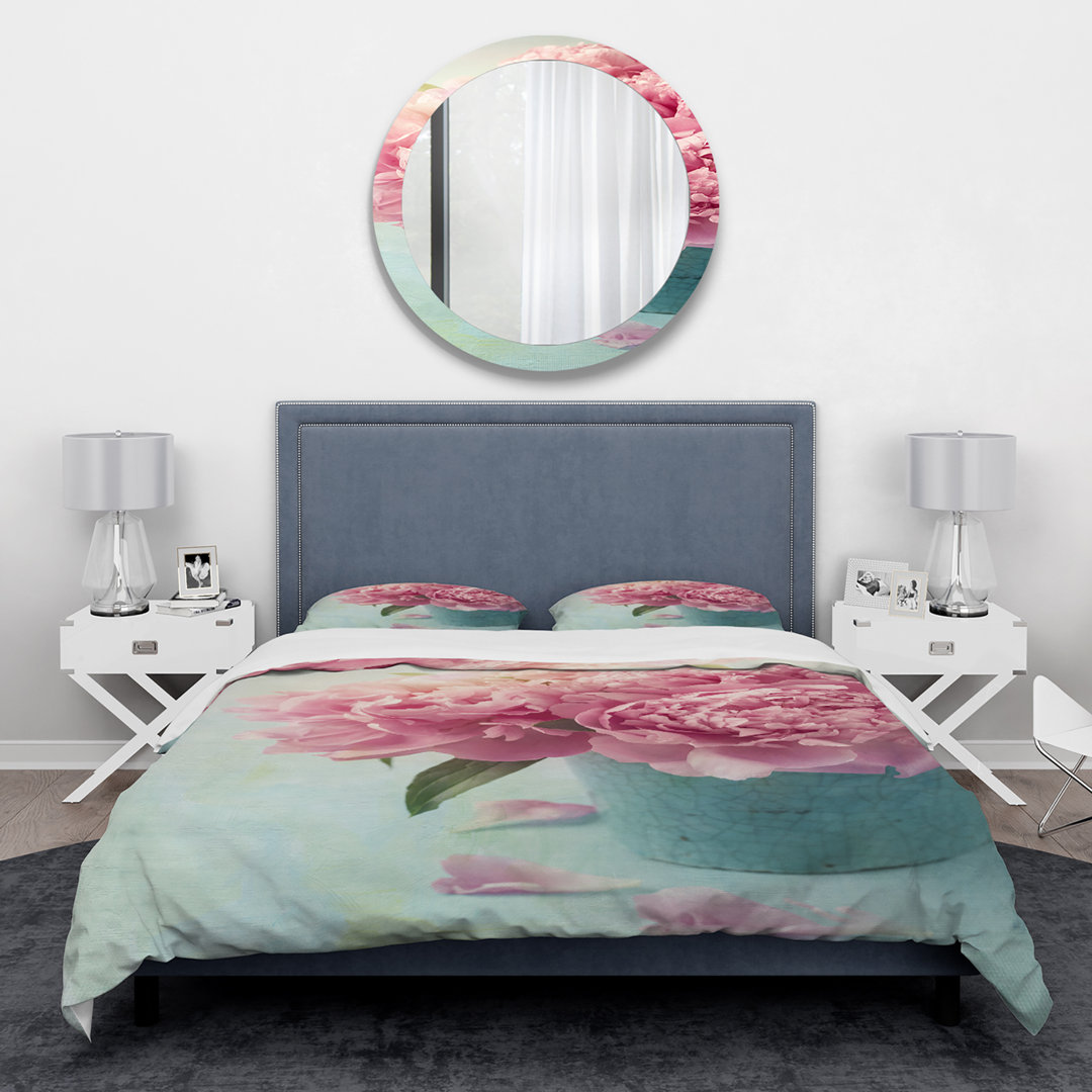 Pink Peony Flowers in Vase - Floral Duvet Cover Set - Microfiber Polyester Design Art 
