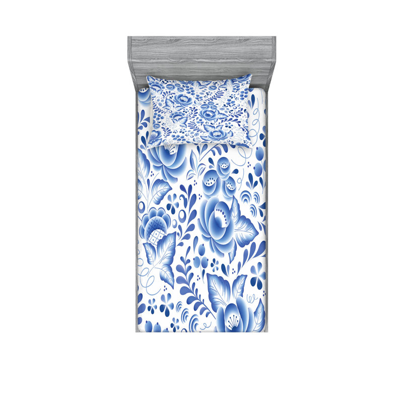 Ensemble de drap-housse et de taies décoratives Ambesonne Vintage Blue, bleu cobalt et blanc