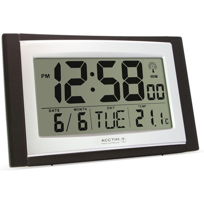 Acctim Stratus Digital Wall / Desk Clock Radio Controlled Tabletop LCD Display Date & Thermometer Black