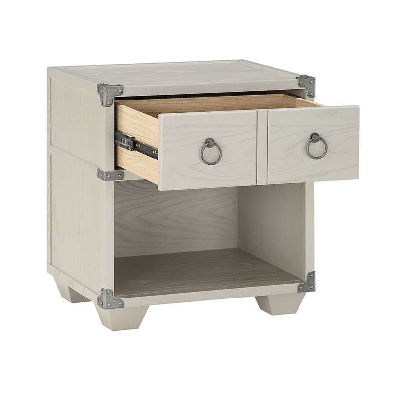 Table de chevet moderne et minimaliste avec un tiroir et un compartiment de rangement ouvert