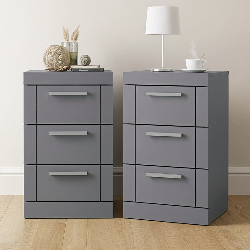 Kimberley 3 Drawer Bedside Sets of 2, Cool Grey
