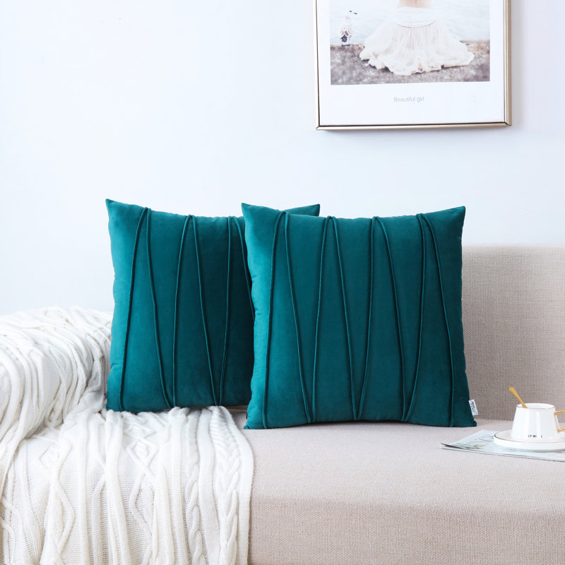 Pleated Square Polyester Velvet Pillow Cover, Light Green, 24"H x 24"W
