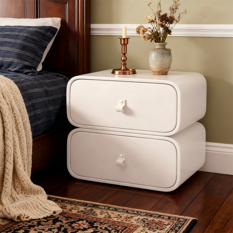 Modern Nightstand With 2 Drawers, Soft-close Fabric Upholstered Handle, Compact Bedside Table For Small Spaces, Wood Frame Storage Cabinet In White, Easy Assembly Required