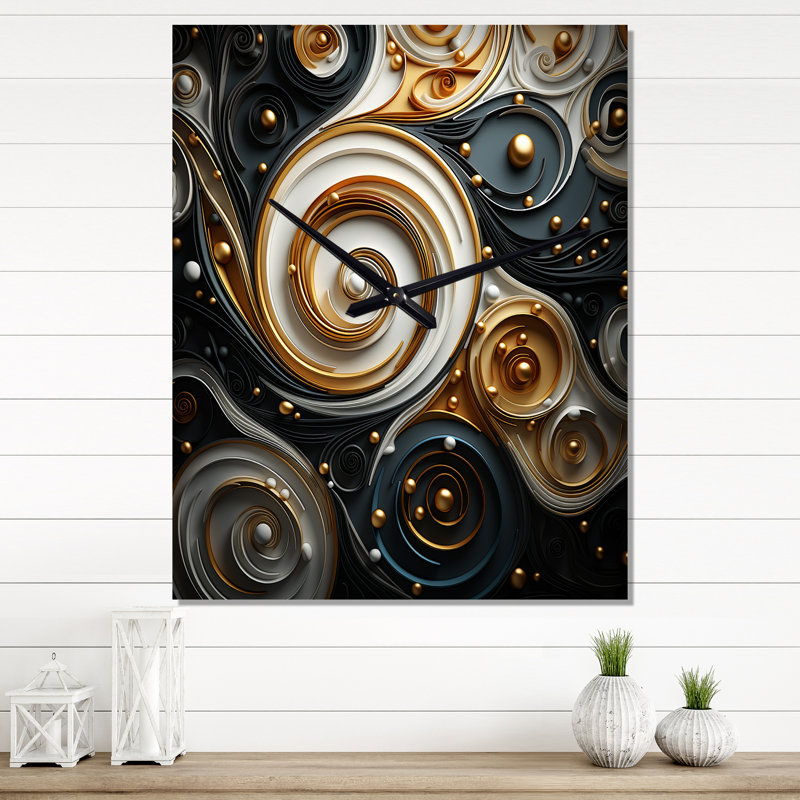 Tourbillon spirale abstrait abstrait or liquide et noir - Horloge murale spirale abstraite surdimensionnée