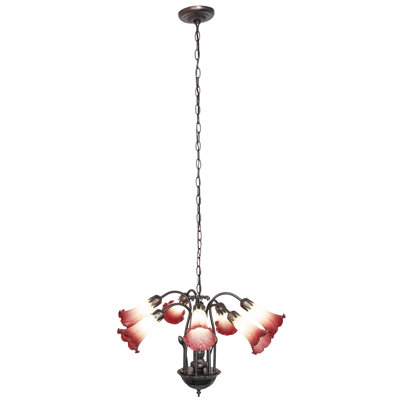 24" Wide Seafoam/Cranberry Tiffany Pond Lily 7 Light Chandelier
