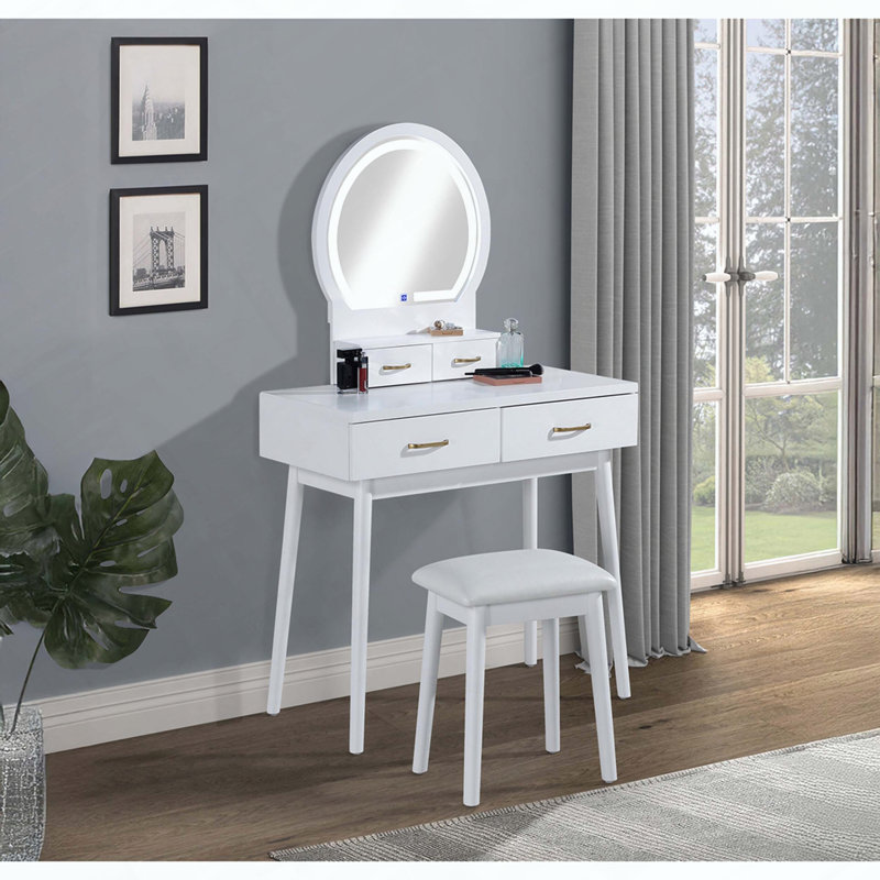 3-Piece Vanity Table and Stool Set with Built-in LED Mirror and Gold-Accented Handles, White