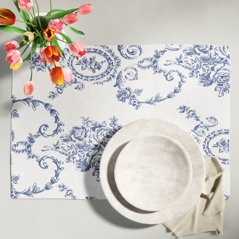 Blue Floral Linen Rectangle Placemats Set of 4