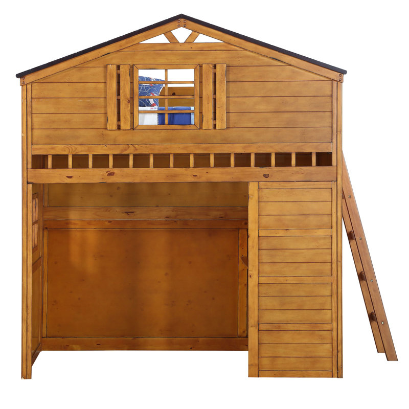 Rustic Oak Twin Loft Bed with Storage Drawers and Slats