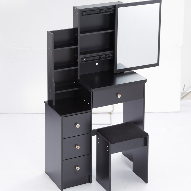 Small Space Vanity Table And Cushioned Stool Pair, Big Sliding Mirror, Multi-Layered Storage, Black Furniture Piece With Seat & Large Multi-Layer Storage For Compact Areas, American Design, , , Ul