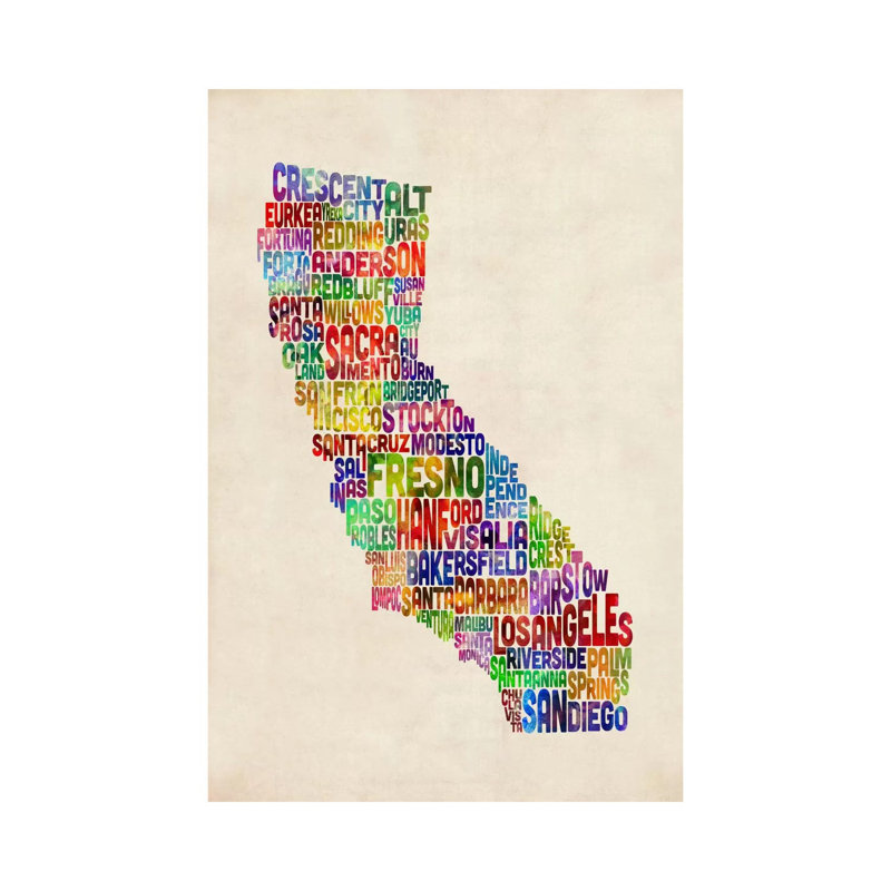 California Typography Text Map by Michael Tompsett - Wrapped Canvas Painting, 66.04 cm H x 45.72 cm W x 3.175 cm D