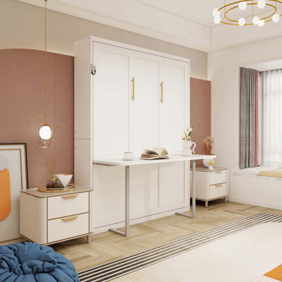 Vertical Queen Size Murphy Wall Bed with Desk & Automatic Legs, Easy Assembly Hidden Foldable Bed for Living Room, Hotel