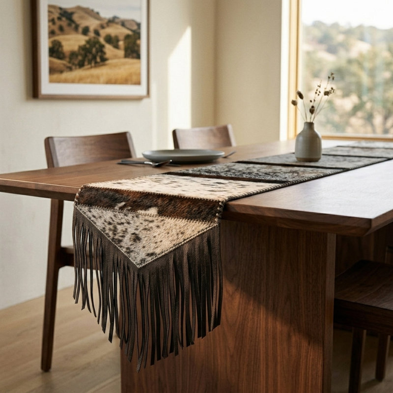 Chemin de table en cuir de vache véritable, motif sel et poivre - 183 cm x 30 cm, Poivre et sel