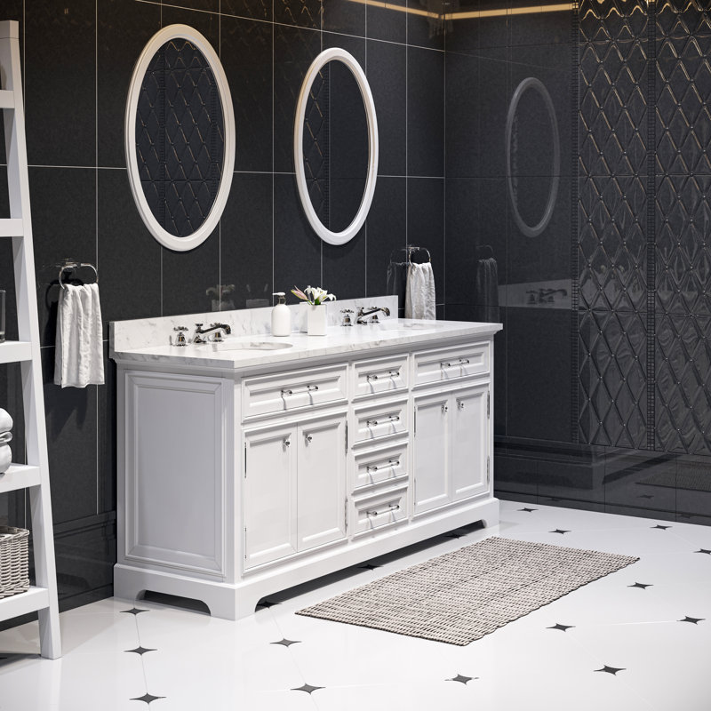 Derby 72" Carrara White Marble Countertop Bath Vanity with Faucets, White