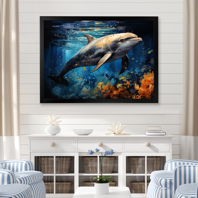 «Dolphin Odyssey» sur toile, Cadre d'angle fermé noir, H 12 po x l 20 po x P 1 po