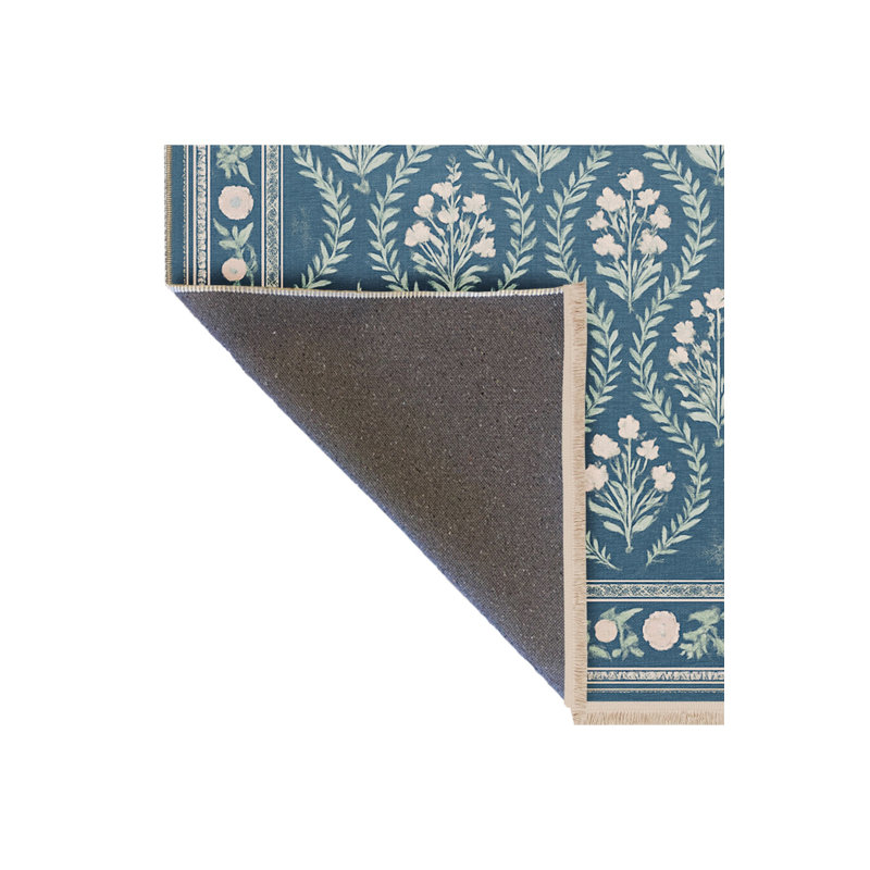 Tapis bleu tissé à motif floral lavable Mosso, 2 pi 6 po x 9 pi 10 po