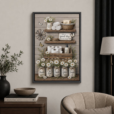 Rustic Daisy Bathroom Shelf Decor Artwork, Bathroom Pictures, Framed Canvas Giclee Print Wall Art