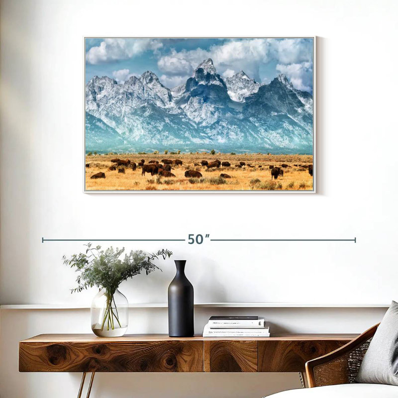 Troupeau de bisons à Grand Teton, Cadre flottant blanc, 37 po x 25 po