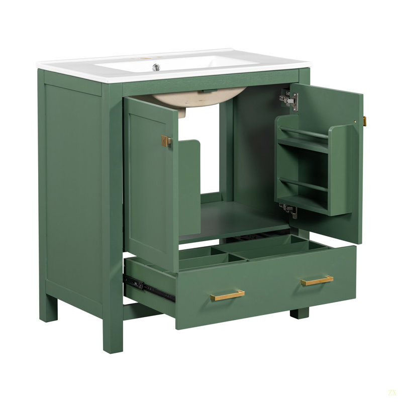 Meuble-lavabo de 30 po avec lavabo simple, lavabo sous le comptoir, armoire de rangement pour la salle de bain avec 2 portes et un tiroir, fermeture en douceur, rangement multifonctionnel (WF324043)