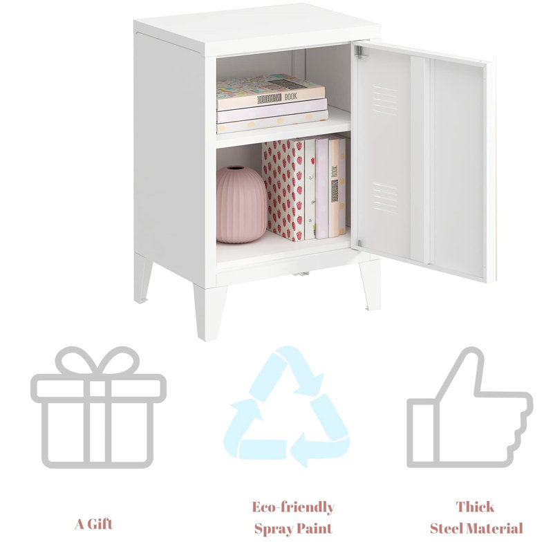 White Metal Modern Nightstand with Shelf and Door
