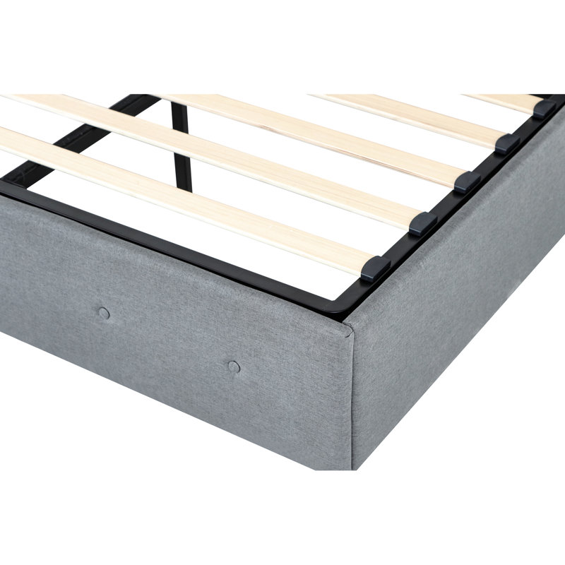 Structure de lit double en métal avec rangement, tête de lit à oreilles, abords de lit, gris, sans sommier tapissier, vérin à gaz de rangement compact, meubles de chambre à coucher gris
