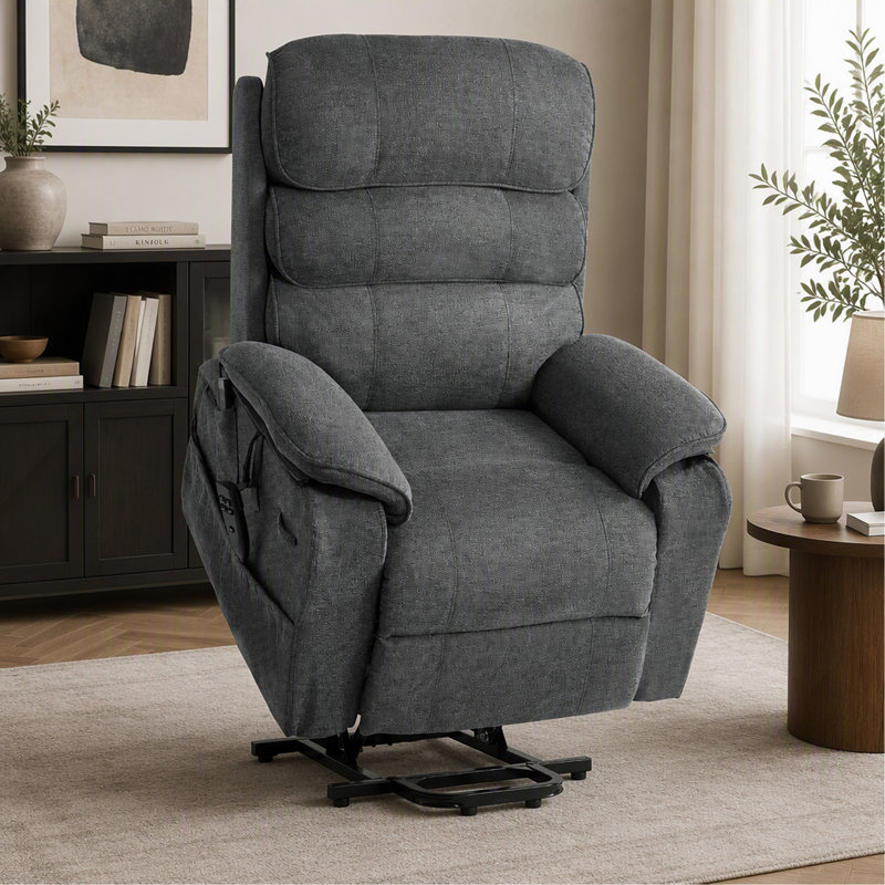 Fauteuil releveur électrique, modèle à double moteur, avec fonction chauffante et massante, idéal pour les personnes âgées. Position réglable, télécommande, poches latérales, revêtement en chenille, gris foncé.